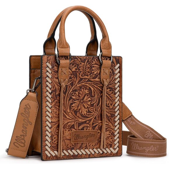Handbags - Wrangler Angel Light Brown Embossed Crossbody Purse with Fringe and Floral Carvi